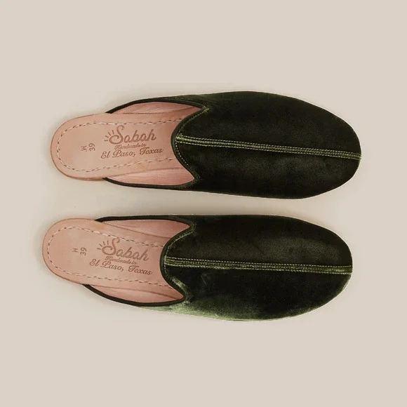 Sabah House Green Velvet Palazzo Slippers Size 37 - Picture 1 of 13